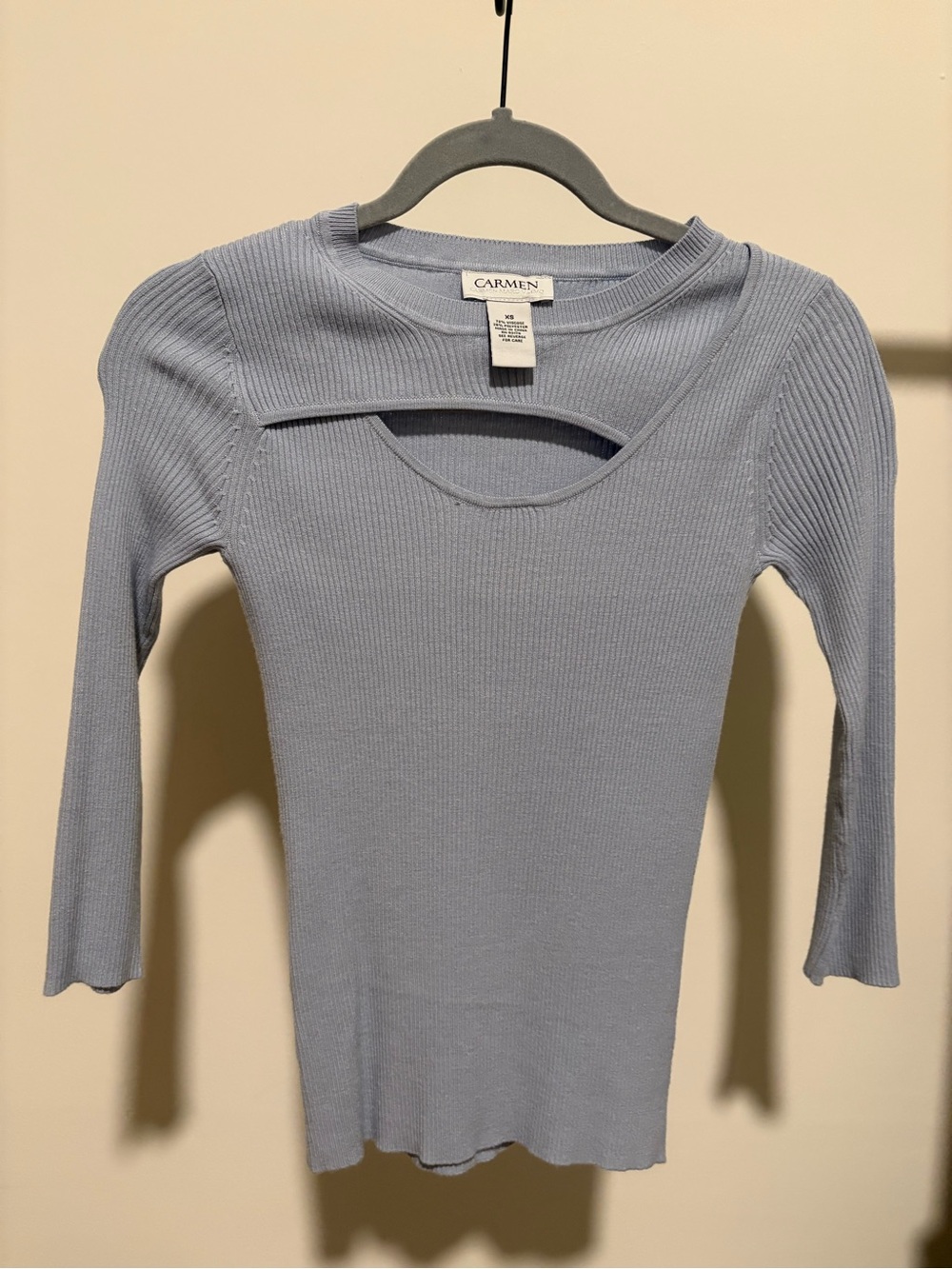 Carmen Women's Light Blue Ribbed Long Sleeve Cutout Top